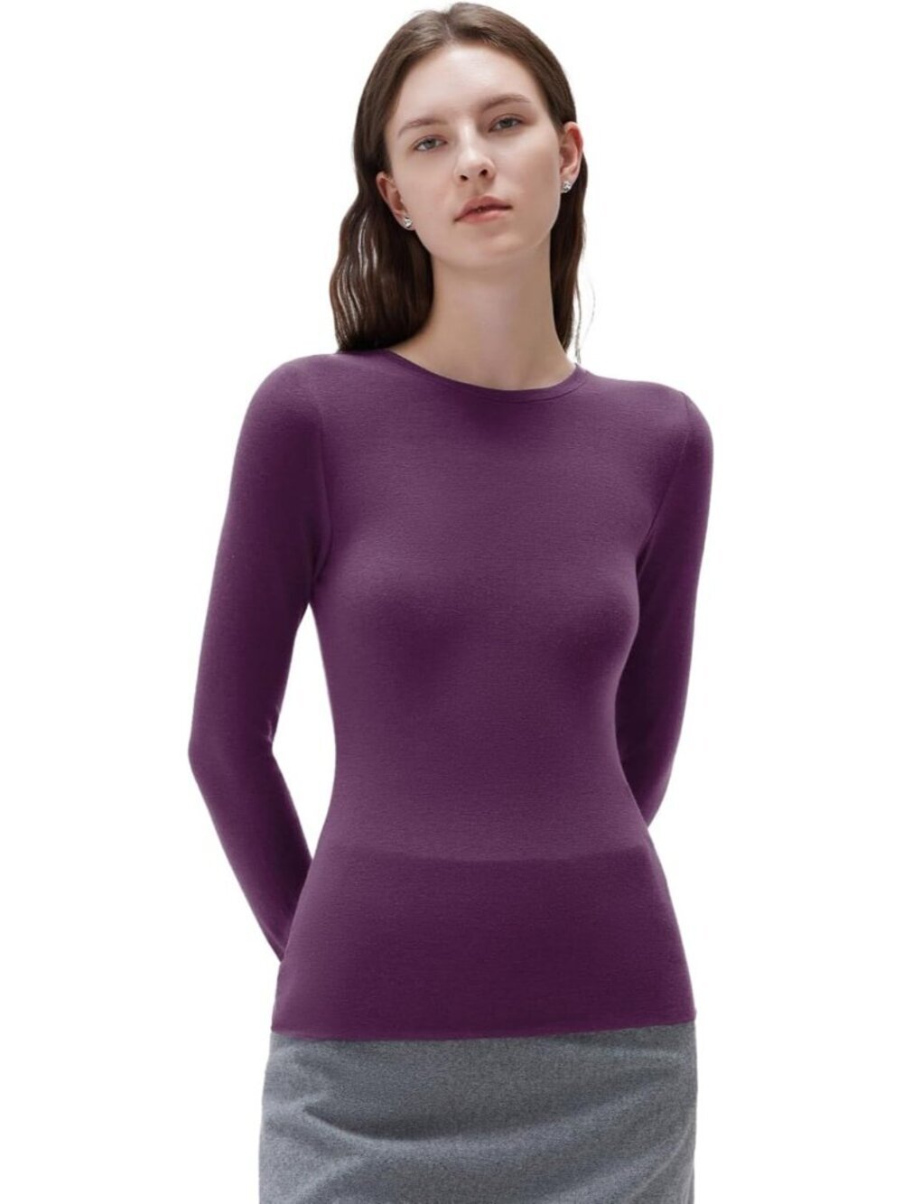 Women's Purple Long Sleeve Crew Neck Pull On Slim Fitted Imported Tops Shirts